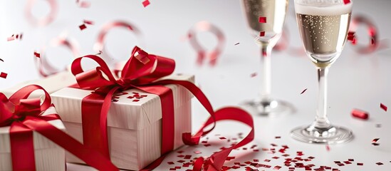 Poster - Close-up view of two gift boxes with red ribbon, red confetti, complemented by two champagne glasses on a white background, ideal for a copy space image.