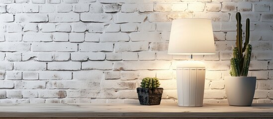 Aufkleber - Front view of a contemporary table lamp and cactus set on a table with a white brick wall in the background, ideal for a workplace with ample copy space image.