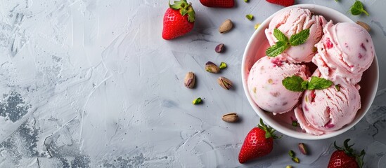 Wall Mural - Delicious scoop of strawberry and pistachio ice cream with copy space image.