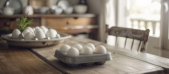 Sticker - A table with hard-boiled eggs in a muffin tin and holder, ready for serving, with a clean and elegant setup, ideal for a copy space image.