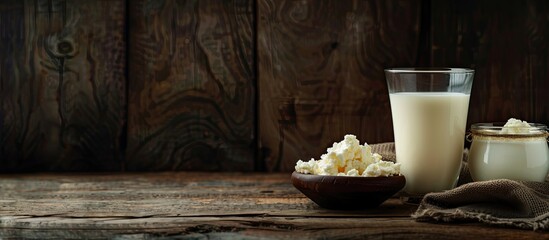 Aufkleber - Dairy product on wooden table beside glassware with milk, copy space image included.