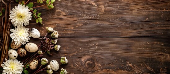 Fototapete - Easter-themed wooden background with a chrysanthemum flower, quail eggs, and copy space image.