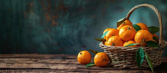 Leinwandbilder - A rustic scene with a basket of delicious and beautiful tangerines placed on a wooden table, creating a citrus background for a close-up image with copy space.