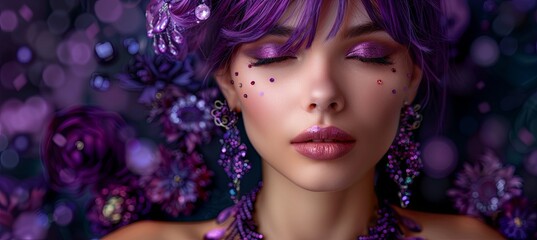 Wall Mural - Fashionable woman with a stylish fringe hairstyle dyed purple, accessorized with violet jewelry including crystals necklace and earrings