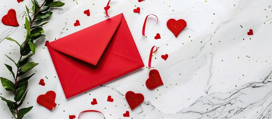 Wall Mural - Valentine's Day greeting card featuring romantic hearts on a white background with a red envelope. Includes a flat lei and space for text in the image. Copy space image