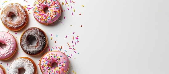 Poster - Delicious sugary donuts on a white background with copy space image.