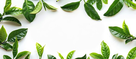 Aufkleber - Freshly picked green tea leaves arranged in a nature-inspired frame on a white background, creating a copy space image with homegrown organic tea plantation aesthetics.
