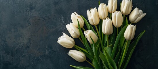 Aufkleber - Top view of a stunning bouquet of fresh cream tulips, ideal for a spring-themed concept, flat lay style with a copy space image.