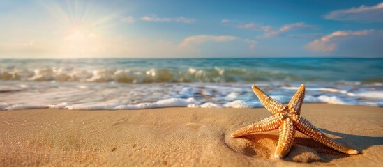 Poster - Starfish lying on the sandy shore with vast blue sea and clear skies in the background, creating a picturesque scene with copy space image.
