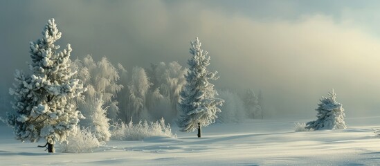 Canvas Print - A frosty mist envelops a panoramic view of white pine trees covered in hoarfrost amid snowy drifts, creating a serene atmosphere in the copy space image.