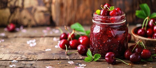 Cherry compote in a homemade style presented on a wooden table with a rustic background, providing a rustic setting for the copy space image.