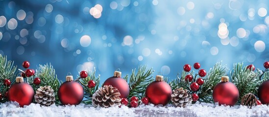 Wall Mural - Christmas themed banner featuring red ornaments, pine cones, and branches arranged on a snowy wooden surface, set against a blue bokeh background with available copy space image.