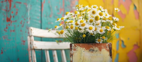 Poster - Chamomile flowers in a box on a chair with a colorful background creating a charming copy space image.