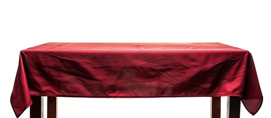 Poster - Brown wooden table covered with a red tablecloth, isolated on a white background, with copy space image.