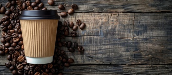 Aufkleber - Coffee to go in a paper cup placed on a rustic wooden surface surrounded by coffee beans, creating an appealing composition with copy space image.