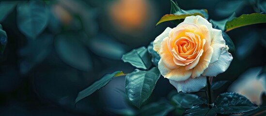 Aufkleber - A lovely white and yellow rose flower set against blurry dark green garden leaves with room for text or images. Copy space image. Place for adding text and design