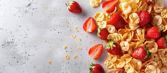 Aufkleber - Cornflakes with fresh strawberries are a nutritious and delicious option for a summer snack or dessert, ideal for fitness enthusiasts. Perfect for a copy space image.