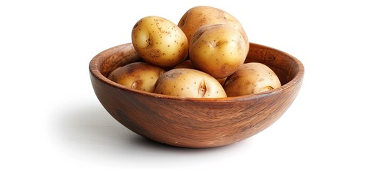 Sticker - Small fresh potatoes in a wooden bowl on a white background providing copy space image.