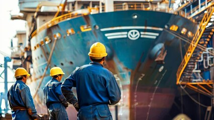 Wall Mural - Shipyard workers in front of a big ship