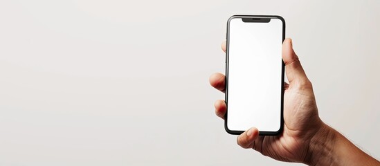 Poster - Close-up shot in a studio of a human hand holding a modern smartphone with a blank chromakey screen, ideal for technology and advertising concepts, on a blurred white backdrop emphasizing copy space