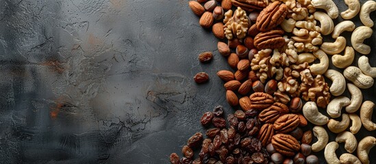 Various types of nuts including walnuts, cashews, raisins, almonds, and hazelnuts displayed in a textured background with copy space image.