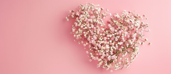 Wall Mural - View from above showing a heart-shaped design made of gypsophila flowers on a pink backdrop with space for additional content.