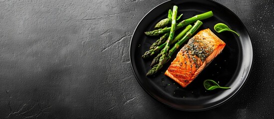 Wall Mural - Elegant restaurant menu idea featuring a Seared salmon fillet with golden crispy skin, arranged alongside roasted asparagus on a sleek black plate with copy space image.