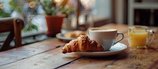 Poster - Breakfast consisting of coffee and a croissant, captured with a shallow depth of field in a copy space image.