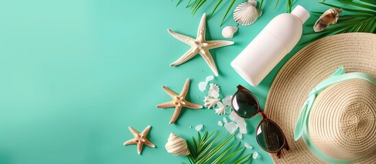 Poster - Top-down view of summer essentials like a straw hat, sunglasses, shells, suncream, and a starfish arranged on a vibrant green backdrop with room for text or other elements. Copy space image