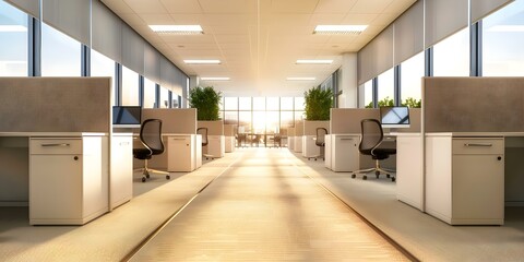 Wall Mural - Modern Office Space with Cubicles, Desks, Chairs, Large Windows, and Carpet. Concept Office Design, Cubicles, Desks, Chairs, Windows, Carpet