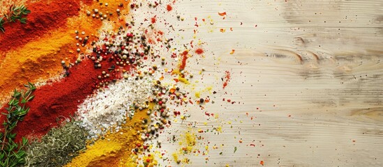 Poster - Colorful spices arranged on a wooden surface with space for text, seen from above in a copy space image.