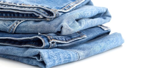 Sticker - Two stacks of different pairs of jeans pants placed with copy space image on a white background.