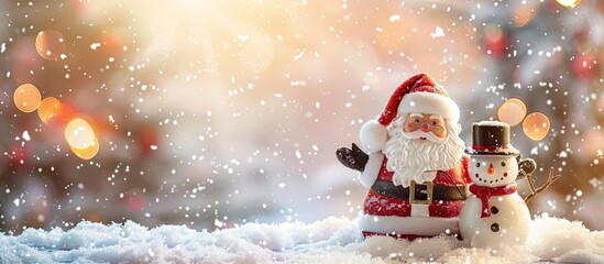 Poster - Festive Christmas decorations featuring Santa Claus and a snowman on a snowy backdrop with space for text or images. Copy space image. Place for adding text and design