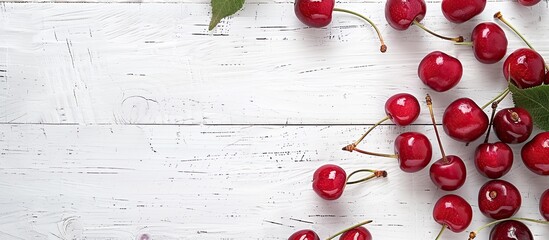 Poster - Sour cherries displayed on a white wooden table with a clear area for text or other elements in the image. Copy space image. Place for adding text and design