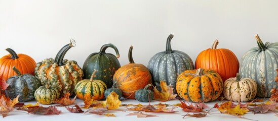 Poster - Various pumpkins displayed on a bed of fallen leaves, set against a white backdrop with copy space image.