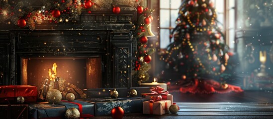 Aufkleber - Table background with ample copy space image for decoration, complemented by a festive fireplace adorned with a Christmas tree in the backdrop.