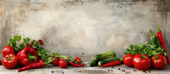 Wall Mural - Fresh vegetables like tomatoes, peppers, cucumbers, parsley, and chili arranged with copy space image.