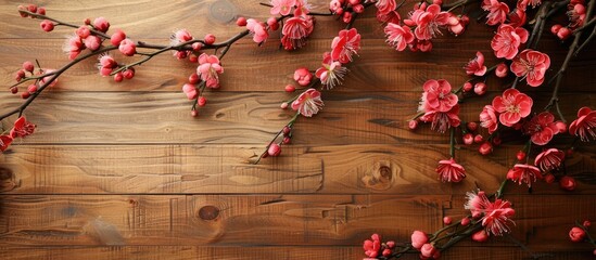 Poster - Elegant flower-filled branches set against a wooden backdrop make for a charming copy space image.