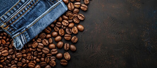 Aufkleber - Background featuring coffee beans and denim with copy space image.