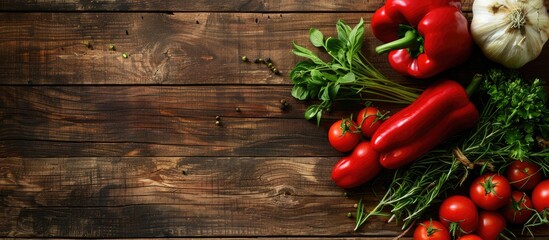 Leinwandbilder - Top view of vegetables arranged on a wooden table with copy space image.