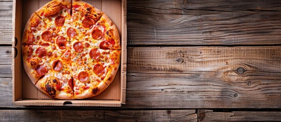 Poster - Top view of a pizza on a wooden surface in a cardboard box with ample copy space image, showcasing the concept of pizza delivery with selective focus.