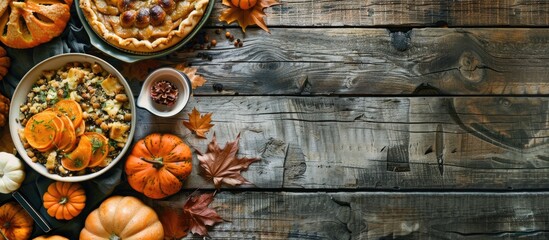 Poster - Traditional Thanksgiving holiday food displayed with pumpkins on a rustic old wooden table, with ample copy space image for text or design elements.