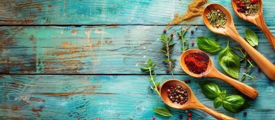 Poster - Wooden spoons with herbs and spices on colorful wooden surface create a charming composition with copy space image.