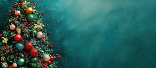 Poster - A Christmas tree adorned with colorful balls and toys against a background with an area for adding text or images, known as a copy space image.