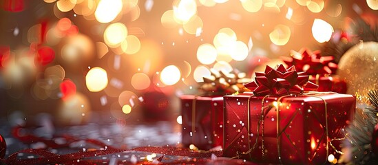 Leinwandbilder - Holiday greeting card featuring Christmas gift boxes set against a backdrop of bokeh light with space for text or other images beside it. Copy space image. Place for adding text and design
