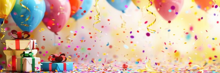 Poster - A cheerful and colorful image of a birthday party with vibrant balloons, confetti, and presents. Generative AI