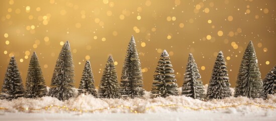 Poster - A festive scene is depicted in the photo, showing artificial Christmas trees on snowy ground against a gold backdrop, adding elegance to the winter wonderland with copy space image.