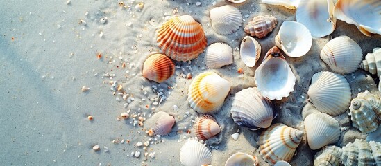 Aufkleber - Seashells scattered on the sandy beach, creating a serene and picturesque scene with plenty of copy space image.
