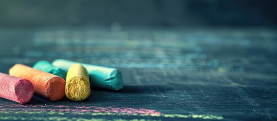 Canvas Print - Back to school concept featuring pieces of chalk on a vintage blackboard with a selective focus on a background with copy space image.