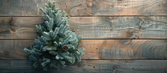 Wall Mural - A Christmas fir tree displayed on a wooden backdrop with copy space image.